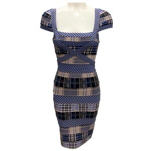 HERVE LEGER BLUE / TAUPE CAP SLEEVED STRETCH KNIT BANDAGE COCKTAIL DRESS